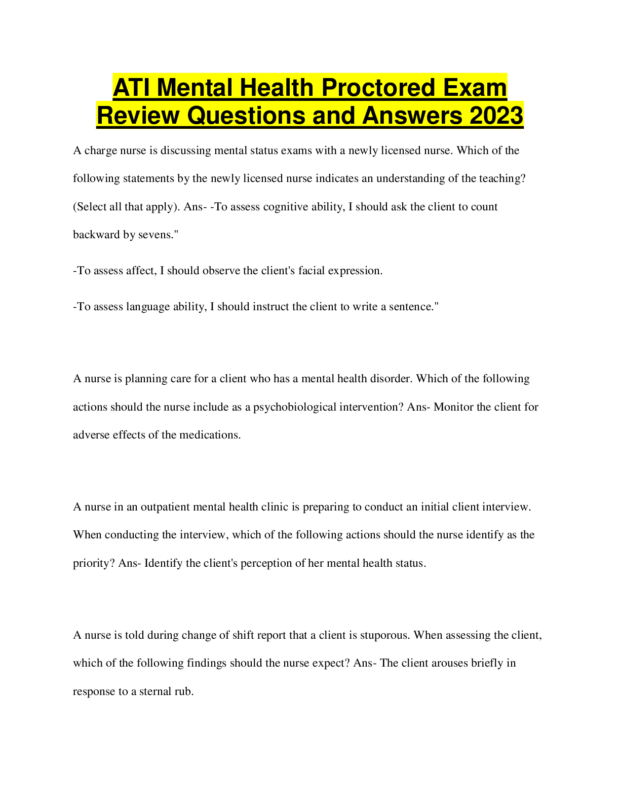 Preview image for ATI Mental Health Proctored Exam  Review Questions and Answers 2023